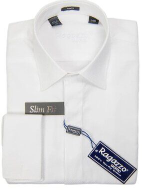 Ragazzo 29820 Boy's Dress Shirt - French Cuff - Slim Fit - Box Weave - White
